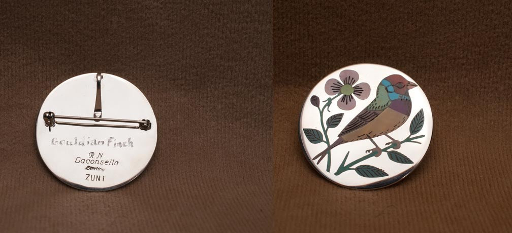 Multi-Stone Inlay Gouldian Finch Pendant by Rudell and Nancy Laconsello  - Zuni Fetish  Jewelry - Zuni Fetish Sunshine Studio