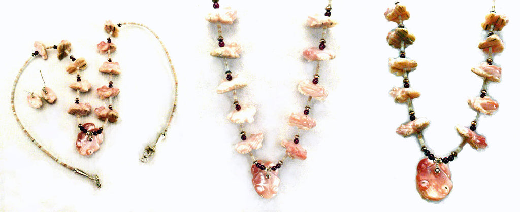 Pink Mussel Shell Frog Necklace / Earring Set by Debra Gasper and Ray Tsethlikai  - Zuni Fetish  Jewelry  Jewelry - Zuni Fetish Sunshine Studio