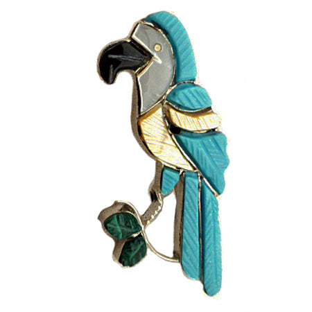 Sterling Silver, Turquoise, Malachite, Gold-Lip and Jet Bird, Parrot by Stephan Lonjose  - Zuni Jewelry - Zuni Fetish Sunshine Studio