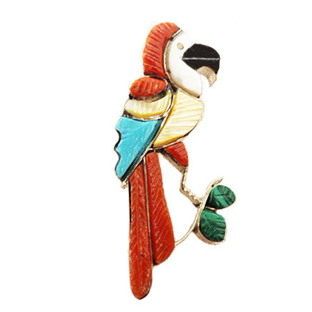 Apple Coral, Gold-Lip, Malachite, Jet and Clam Shell Bird, Parrot Pin / Pendant by Stephan Lonjose  - Zuni Jewelry - Zuni Fetish Sunshine Studio