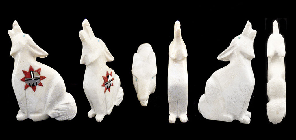 White Marble Howling Wolf by Andres Lementino - Zuni Fetish Sunshine Studio