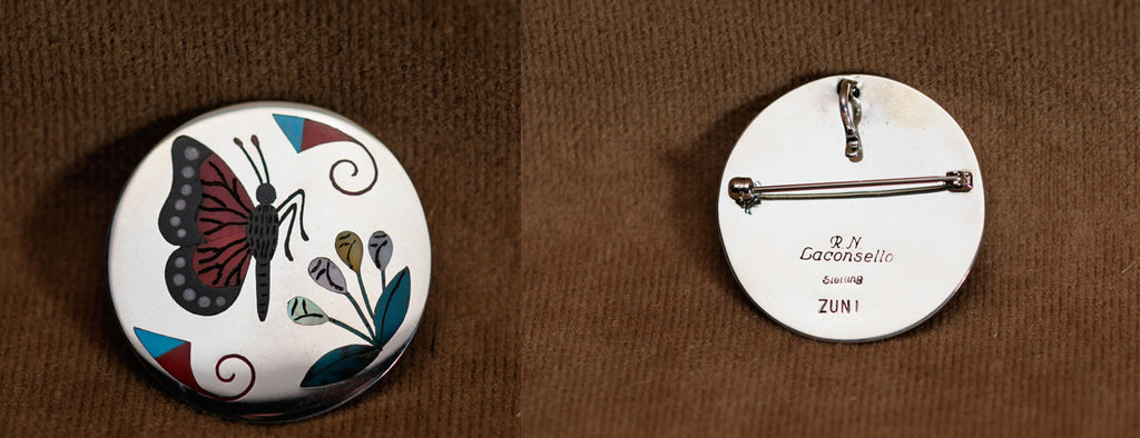 Multi-Stone Inlay Butterfly Pin Pendant by Rudell Laconsello, Deceased And Nancy Laconsello - Zuni Fetish Sunshine Studio