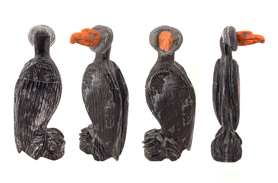 Black Marble And Apple Coral Bird, Vulture by Hiram Peynetsa - Zuni Fetish Sunshine Studio