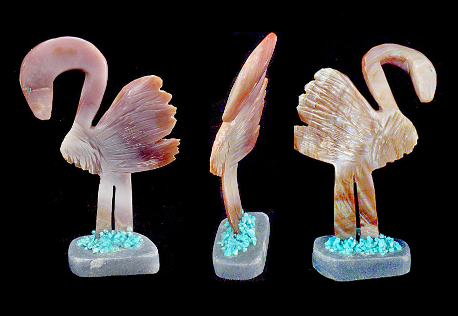 Pink Mussel Shell Bird, Flamingo by Kevin Quam, Deceased - Zuni Fetish Sunshine Studio