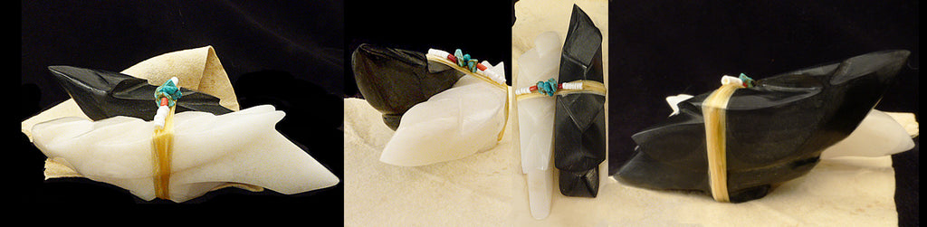 Black Marble And Alabaster Raven, Double by Melvin Sandoval - Zuni Fetish Sunshine Studio