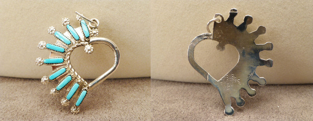 Sterling Silver and Turquoise Heart Shaped Pendant by Roxanne Seoutewa - Zuni Fetish Jewelry - Zuni Fetish Sunshine Studio