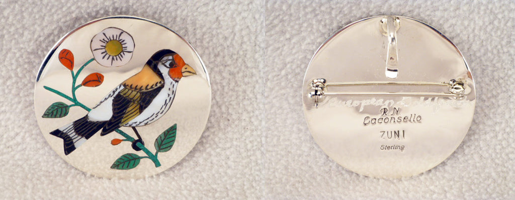 Sterling Silver Bird, European Goldfinch Pendant by Rudell and Nancy Laconsello  - Zuni Fetish  Jewelry - Zuni Fetish Sunshine Studio