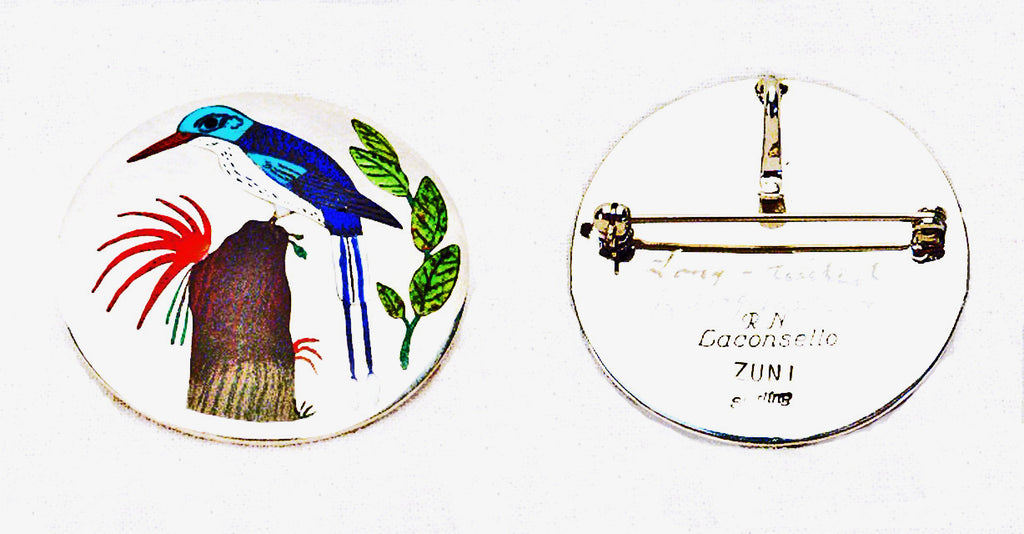 Sterling Silver / Multistone & Shell Bird, Long Tailed King Fisher Pendant by Rudell and Nancy Laconsello  - Zuni Fetish  Jewelry - Zuni Fetish Sunshine Studio