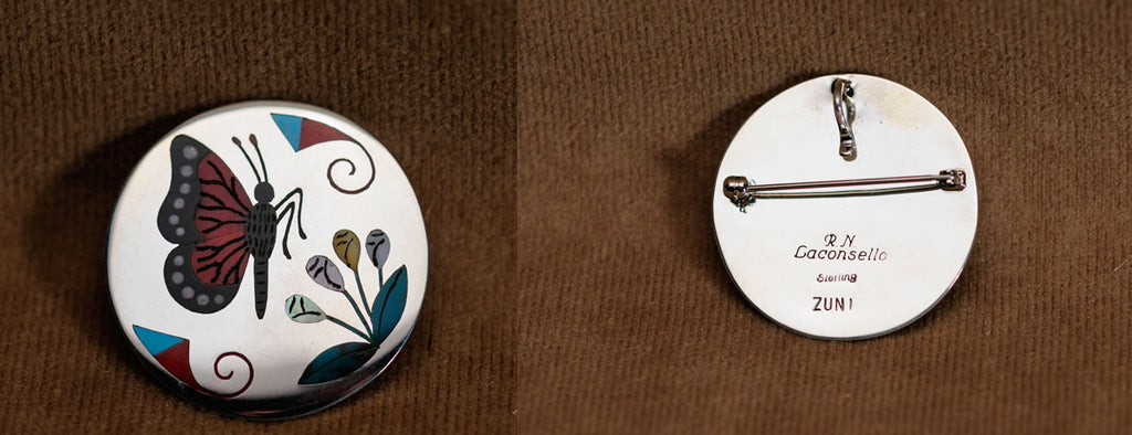 Multi-Stone Inlay Butterfly Pin Pendant by Rudell and Nancy Laconsello  - Zuni Fetish  Jewelry - Zuni Fetish Sunshine Studio