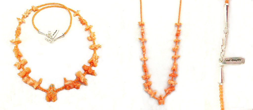 Pink Coral Double Frog Pendant Necklace by Dinah Gasper  - Zuni Fetish  Jewelry - Zuni Fetish Sunshine Studio
