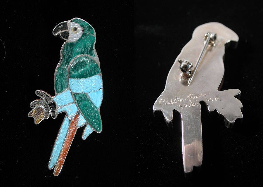 Bird, Malachite, Turquoise, Pen Shell, Jet and Mother-Of-Pearl Channel Inlaid Parrot Pin by Pablita Quam  - Zuni Jewelry - Zuni Fetish Sunshine Studio