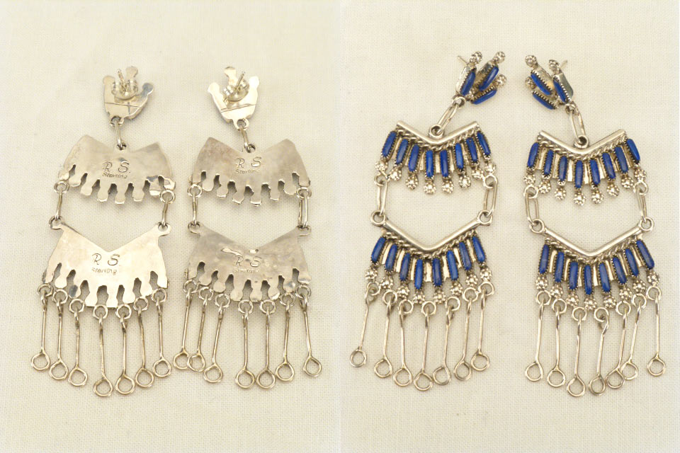 Lapis Lazuli Cathedral Needlepoint Earrings by Roxanne Seoutewa  - Zuni Fetish  Jewelry - Zuni Fetish Sunshine Studio