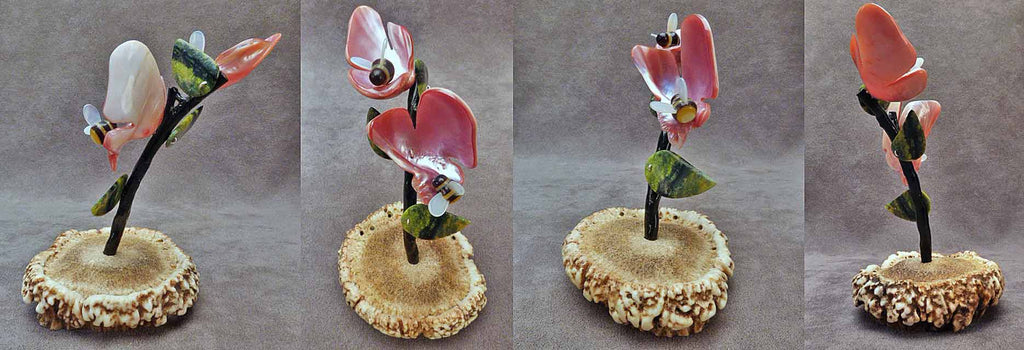 Pink Mussel Shell / Pen Shell /Antler Insects, Bees by Raymond Tsalate  - Zuni Fetish - Zuni Fetish Sunshine Studio