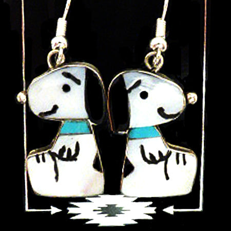 Clam Shell, Jet And Turquoise Snoopy Earrings by Sheral Comason  - Zuni Jewelry - Zuni Fetish Sunshine Studio