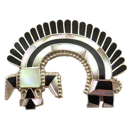 Sterling Silver, Jet, Pink Mussel Shell and Mother-Of-Pearl Channel Inlay Rainbow Man Pin / Pendant by Fadrian And Vivica Bowannie  - Zuni Jewelry - Zuni Fetish Sunshine Studio