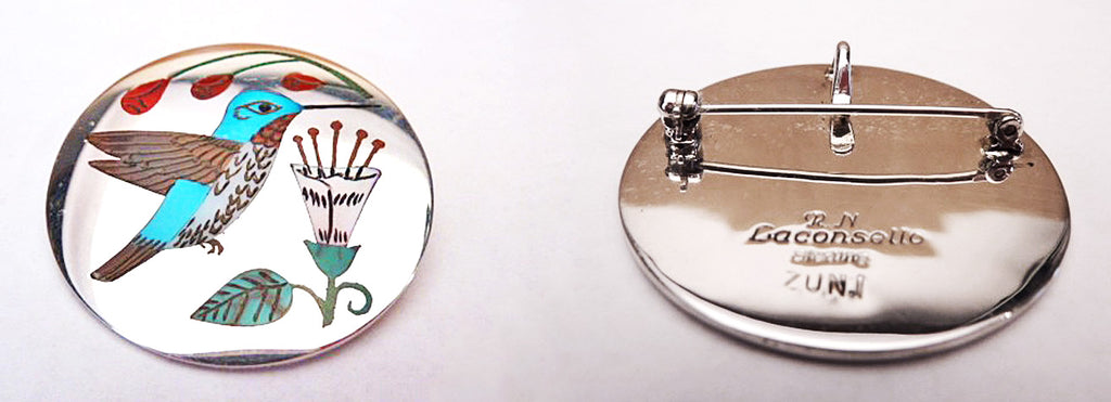 Sterling Silver / Multistone & Shell Bird, Broadtail Hummingbird Pendant by Rudell and Nancy Laconsello  - Zuni Fetish  Jewelry - Zuni Fetish Sunshine Studio