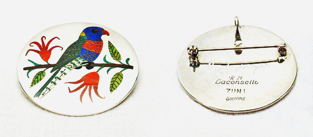 Sterling Silver / Multistone & Shell Bird, Budgerigar Pendant by Rudell and Nancy Laconsello  - Zuni Fetish  Jewelry - Zuni Fetish Sunshine Studio
