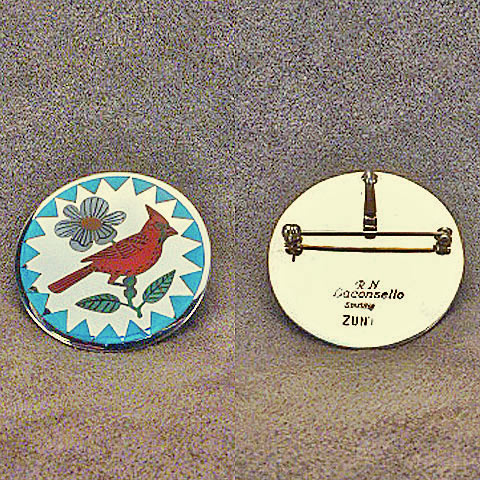 Sterling Silver / Multistone Cardinal Pin/Pendant by Rudell and Nancy Laconsello  - Zuni Fetish  Jewelry - Zuni Fetish Sunshine Studio