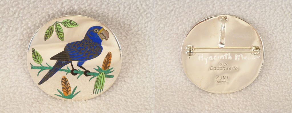 Sterling Silver and Multistone Inlay Bird, Hyacinth Macaw Pendant by Rudell and Nancy Laconsello  - Zuni Fetish  Jewelry - Zuni Fetish Sunshine Studio