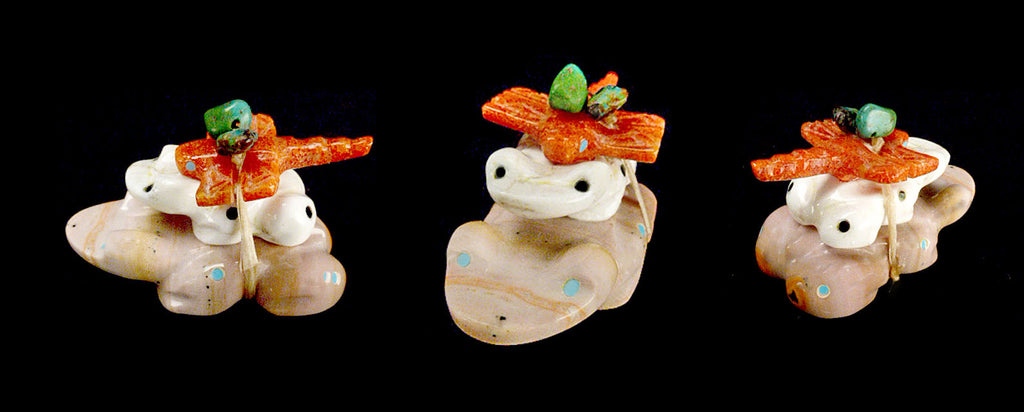 Dolomite / White Marble Frogs With Dragonfly by Daisy and Lavies Natewa - Zuni Fetish Sunshine Studio