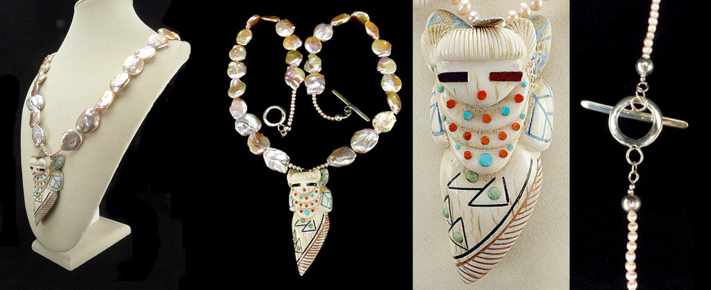 Antler And Pearls Butterfly Maiden Necklace by Raymond Tsalate  - Zuni Fetish  Jewelry - Zuni Fetish Sunshine Studio