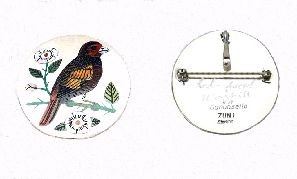 Sterling Silver / Multistone & Shell Bird, Red Faced Waxbill Pendant by Rudell and Nancy Laconsello  - Zuni Fetish  Jewelry - Zuni Fetish Sunshine Studio