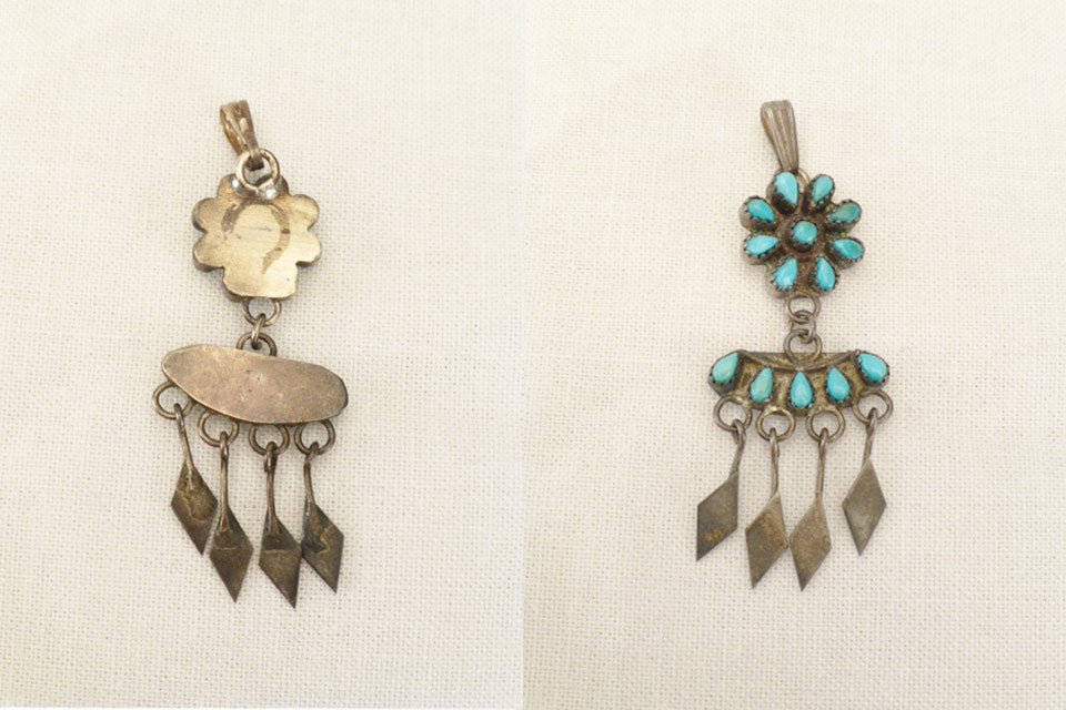Sterling Silver and Turquoise Flower Teardrop by an Unknown Zuni - Zuni Fetish Jewelry - Zuni Fetish Sunshine Studio