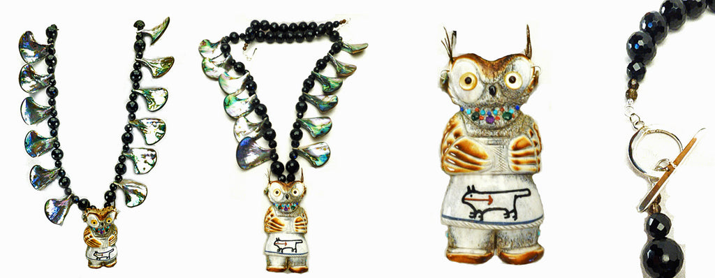 Antler, Obsidian & Abalone Beads Owl Necklace by Raymond Tsalate - Zuni Fetish Sunshine Studio