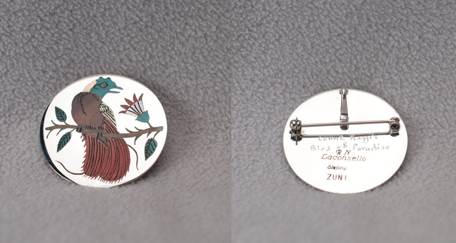 Multi-Stone Inlay Bird, Raggi's Bird of Paradise Pendant by Rudell and Nancy Laconsello  - Zuni Fetish  Jewelry - Zuni Fetish Sunshine Studio