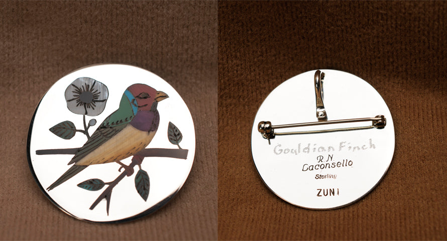 Multi-Stone Inlay Bird, Gouldian Finch Pendant by Rudell and Nancy Laconsello  - Zuni Fetish  Jewelry - Zuni Fetish Sunshine Studio