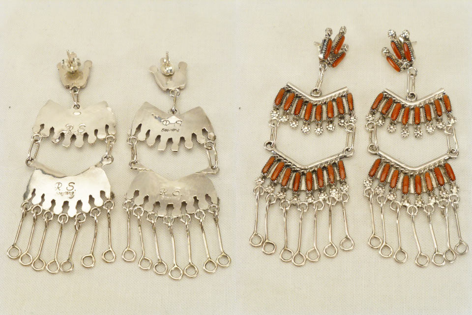Red Coral Cathedral Needlepoint Earrings  by Roxanne Seoutewa  - Zuni Fetish  Jewelry - Zuni Fetish Sunshine Studio